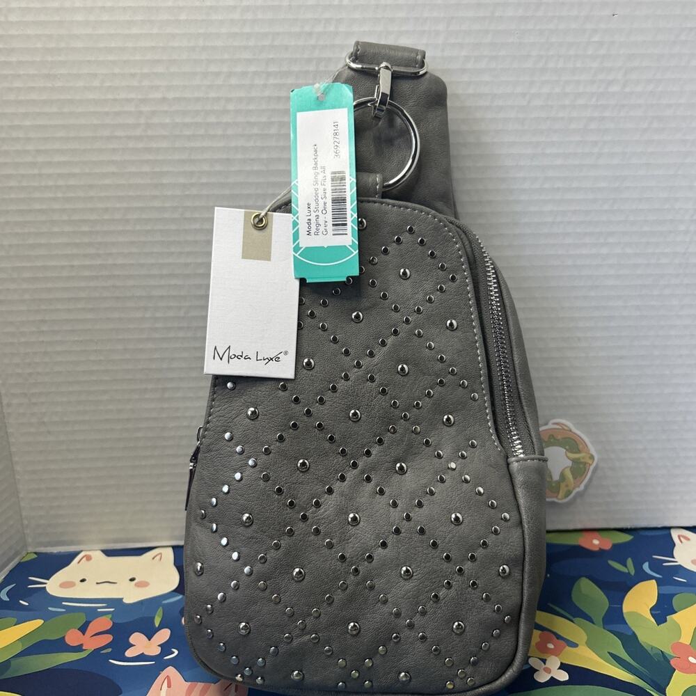 Moda Luxe Regina Sling Backpack Grey Studded NWT